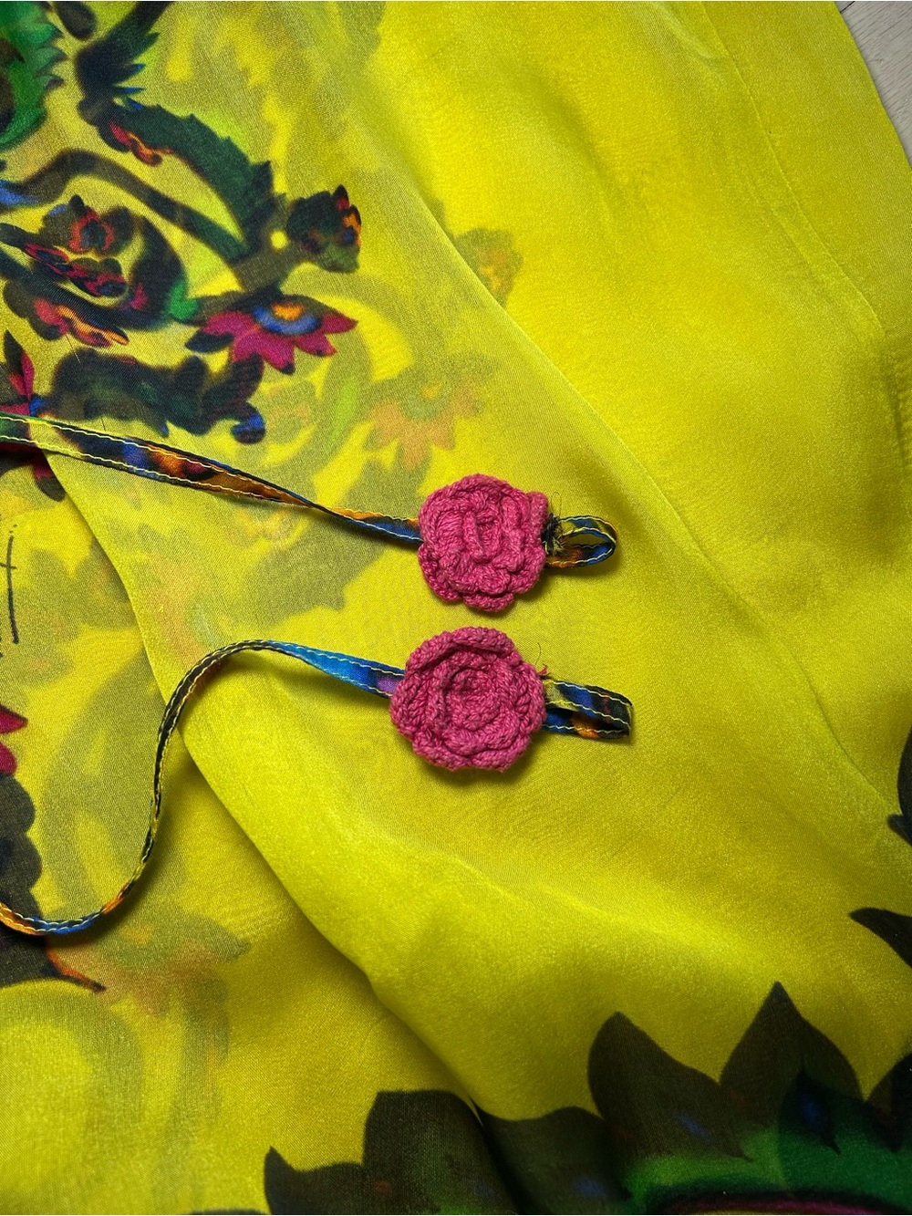 HEMANT & NANDITA Yellow Floral Print Maxi Dress with Pink Cap Sleeves - Picture 8 of 15